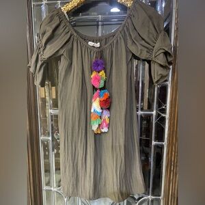 Hot & Delicious Olive Green Off Shoulder Boho Dress Pom Pom Tassels S